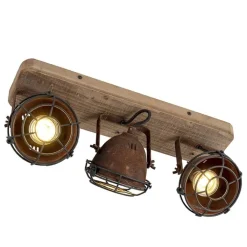 QAZQA Schlafzimmerlampen|Esszimmerlampen*Industriestrahler rostbraun mit Holz kippbar 3-Licht - Gina