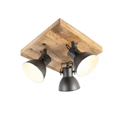 QAZQA Deckenstrahler|Aufbaustrahler*Industriestrahler schwarz mit Mangoholz 3 Lichter - Mangos
