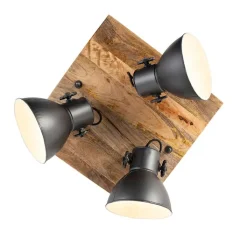 QAZQA Deckenstrahler|Aufbaustrahler*Industriestrahler schwarz mit Mangoholz 3 Lichter - Mangos