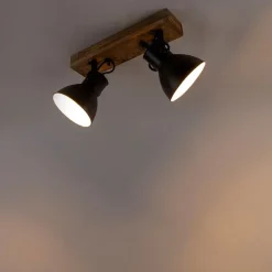 QAZQA Deckenstrahler|Aufbaustrahler*Industriestrahler schwarz mit Mangoholz 2-hell - Mangos