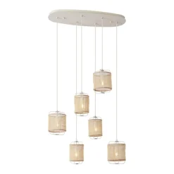 QAZQA Pendelleuchten|Esszimmerlampen*Japandi Hängelampe Beige mit Stoffschirmen 6-flammig - Yente
