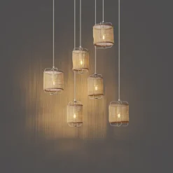 QAZQA Pendelleuchten|Esszimmerlampen*Japandi Hängelampe Beige mit Stoffschirmen 6-flammig - Yente