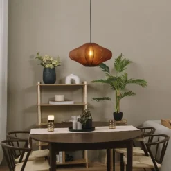 QAZQA Pendelleuchten|Wohnzimmerlampen*Japandi Hängelampe Braun mit Stoffschirm 50cm - Plu