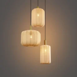 QAZQA Schlafzimmerlampen|Küchenlampen*Japandi Hängelampe Schwarz und Gold mit beigem Schirm 3-flammig - Pluni