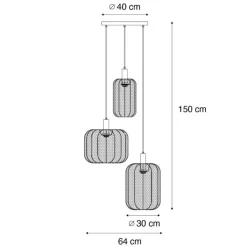 QAZQA Schlafzimmerlampen|Küchenlampen*Japandi Hängelampe Schwarz und Gold mit beigem Schirm 3-flammig - Pluni