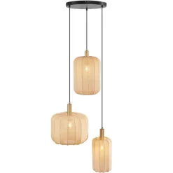 QAZQA Schlafzimmerlampen|Küchenlampen*Japandi Hängelampe Schwarz und Gold mit beigem Schirm 3-flammig - Pluni