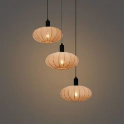 QAZQA Pendelleuchten|Wohnzimmerlampen*Japandi Hängelampe Schwarz mit braunem Stoffschirm 3-flammig - Bida