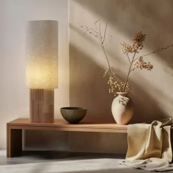 QAZQA Wohnzimmerlampen|Stehlampen*Japandi Stehleuchte Holz mit Leinenschirm 90cm - Lamel