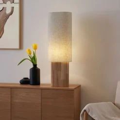 QAZQA Wohnzimmerlampen|Stehlampen*Japandi Stehleuchte Holz mit Leinenschirm 90cm - Lamel