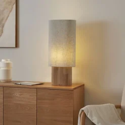 QAZQA Wohnzimmerlampen|Stehlampen*Japandi Stehleuchte Holz mit Leinenschirm 70cm - Lamel