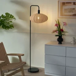QAZQA Schlafzimmerlampen|Esszimmerlampen*Japandi Stehleuchte schwarz mit braunem Stoffschirm - Bida