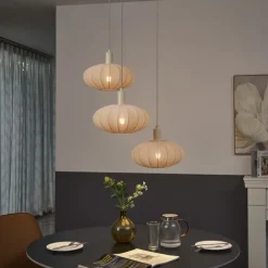 QAZQA Schlafzimmerlampen|Küchenlampen*Japandi-Hängelampe Beige mit Stoffschirm 3-flammig - Bida