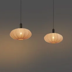 QAZQA Pendelleuchten|Wohnzimmerlampen*Japandi-Hängelampe schwarz mit braunem Stoffschirm 2-flammig - Bida