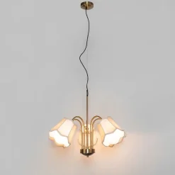 QAZQA Pendelleuchten|Wohnzimmerlampen*Klassische Hängelampe aus Messing mit weißem Lampenschirm 5-flammig - Nona