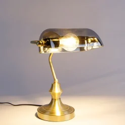 QAZQA Tischlampen|Wohnzimmerlampen*Klassische Notarlampe Gold mit geräuchertem Spiegelglas - Banker