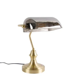 QAZQA Tischlampen|Wohnzimmerlampen*Klassische Notarlampe Gold mit geräuchertem Spiegelglas - Banker