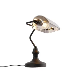 QAZQA Tischlampen|Wohnzimmerlampen*Klassische Notarlampe schwarz mit geräuchertem Spiegelglas - Banker