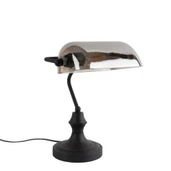 QAZQA Tischlampen|Wohnzimmerlampen*Klassische Notarlampe schwarz mit geräuchertem Spiegelglas - Banker