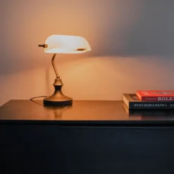 QAZQA Tischlampen|Wohnzimmerlampen*Klassische Notarlampe schwarz mit Opalglas - Banker