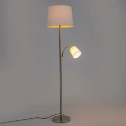 QAZQA Lampen Für Dein Homeoffice|Schlafzimmerlampen*Klassische Stehlampe Stahl mit weißem Schirm und Leselampe - Retro