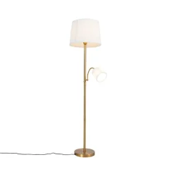 QAZQA Schlafzimmerlampen|Esszimmerlampen*Klassische Stehleuchte Bronze Stoffschirm Weiß mit Leselampe - Retro