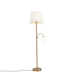 QAZQA Schlafzimmerlampen|Esszimmerlampen*Klassische Stehleuchte Bronze Stoffschirm Weiß mit Leselampe - Retro
