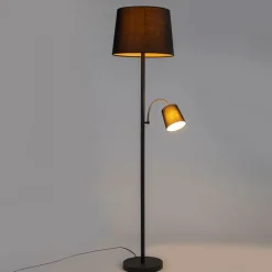 QAZQA Lampen Für Dein Homeoffice|Stehlampen*Klassische Stehleuchte schwarz mit schwarzem Lampenschirm und Leselicht - Retro