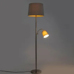 QAZQA Lampen Für Dein Homeoffice|Stehlampen*Klassische Stehleuchte Stahl mit grauem Lampenschirm und Leselicht - Retro