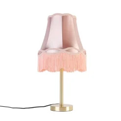 QAZQA Tischlampen|Wohnzimmerlampen*Klassische Tischlampe Messing mit Granny-Schirm rosa 30 cm - Simplo