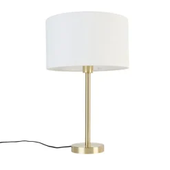 QAZQA Tischlampen|Wohnzimmerlampen*Klassische Tischlampe Messing mit Schirm weiß 35 cm - Simplo