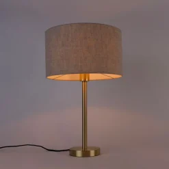 QAZQA Tischlampen|Wohnzimmerlampen*Klassische Tischlampe Messing mit Schirm hellgrau 35 cm - Simplo