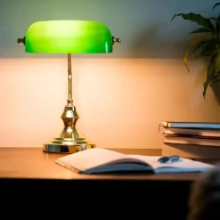 QAZQA Schlafzimmerlampen|Wohnzimmerlampen*Klassische Tischleuchte/Notarleuchte aus Messing mit grünem Glas - Banker