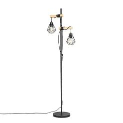 QAZQA Stehlampen|Wohnzimmerlampen*Land Stehlampe schwarz mit Holz 2-Licht - Chon
