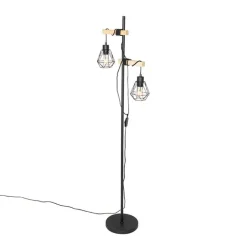 QAZQA Stehlampen|Wohnzimmerlampen*Land Stehlampe schwarz mit Holz 2-Licht - Chon