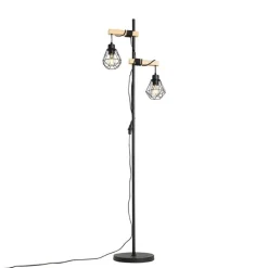 QAZQA Stehlampen|Wohnzimmerlampen*Land Stehlampe schwarz mit Holz 2-Licht - Chon