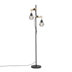 QAZQA Stehlampen|Wohnzimmerlampen*Land Stehlampe schwarz mit Holz 2-Licht - Chon