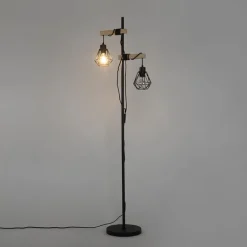 QAZQA Stehlampen|Wohnzimmerlampen*Land Stehlampe schwarz mit Holz 2-Licht - Chon