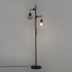QAZQA Stehlampen|Wohnzimmerlampen*Land Stehlampe schwarz mit Holz 2-Licht - Chon