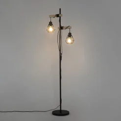 QAZQA Stehlampen|Wohnzimmerlampen*Land Stehlampe schwarz mit Holz 2-Licht - Chon