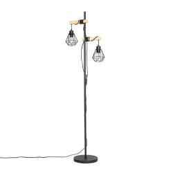 QAZQA Stehlampen|Wohnzimmerlampen*Land Stehlampe schwarz mit Holz 2-Licht - Chon