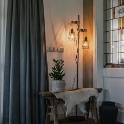 QAZQA Stehlampen|Wohnzimmerlampen*Land Stehlampe schwarz mit Holz 2 Lichter mit Schatten - Dami Frame