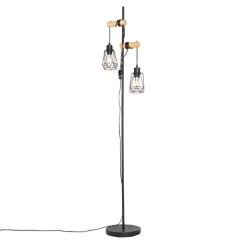 QAZQA Stehlampen|Wohnzimmerlampen*Land Stehlampe schwarz mit Holz 2 Lichter mit Schatten - Dami Frame