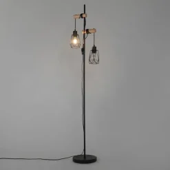 QAZQA Stehlampen|Wohnzimmerlampen*Land Stehlampe schwarz mit Holz 2 Lichter mit Schatten - Dami Frame
