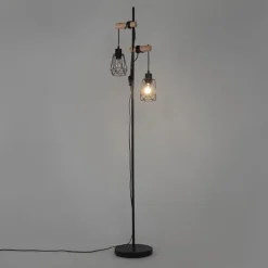 QAZQA Stehlampen|Wohnzimmerlampen*Land Stehlampe schwarz mit Holz 2 Lichter mit Schatten - Dami Frame