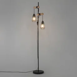 QAZQA Stehlampen|Wohnzimmerlampen*Land Stehlampe schwarz mit Holz 2 Lichter mit Schatten - Dami Frame