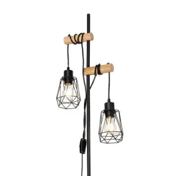 QAZQA Stehlampen|Wohnzimmerlampen*Land Stehlampe schwarz mit Holz 2 Lichter mit Schatten - Dami Frame