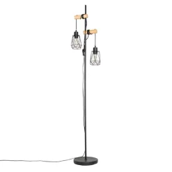 QAZQA Stehlampen|Wohnzimmerlampen*Land Stehlampe schwarz mit Holz 2 Lichter mit Schatten - Dami Frame