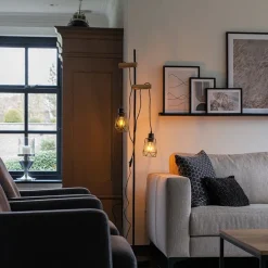 QAZQA Stehlampen|Wohnzimmerlampen*Land Stehlampe schwarz mit Holz 2 Lichter mit Schatten - Dami Frame