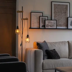 QAZQA Stehlampen|Wohnzimmerlampen*Land Stehlampe schwarz mit Holz 2 Lichter mit Schatten - Dami Frame