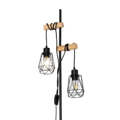 QAZQA Stehlampen|Wohnzimmerlampen*Land Stehlampe schwarz mit Holz 2 Lichter mit Schatten - Dami Frame